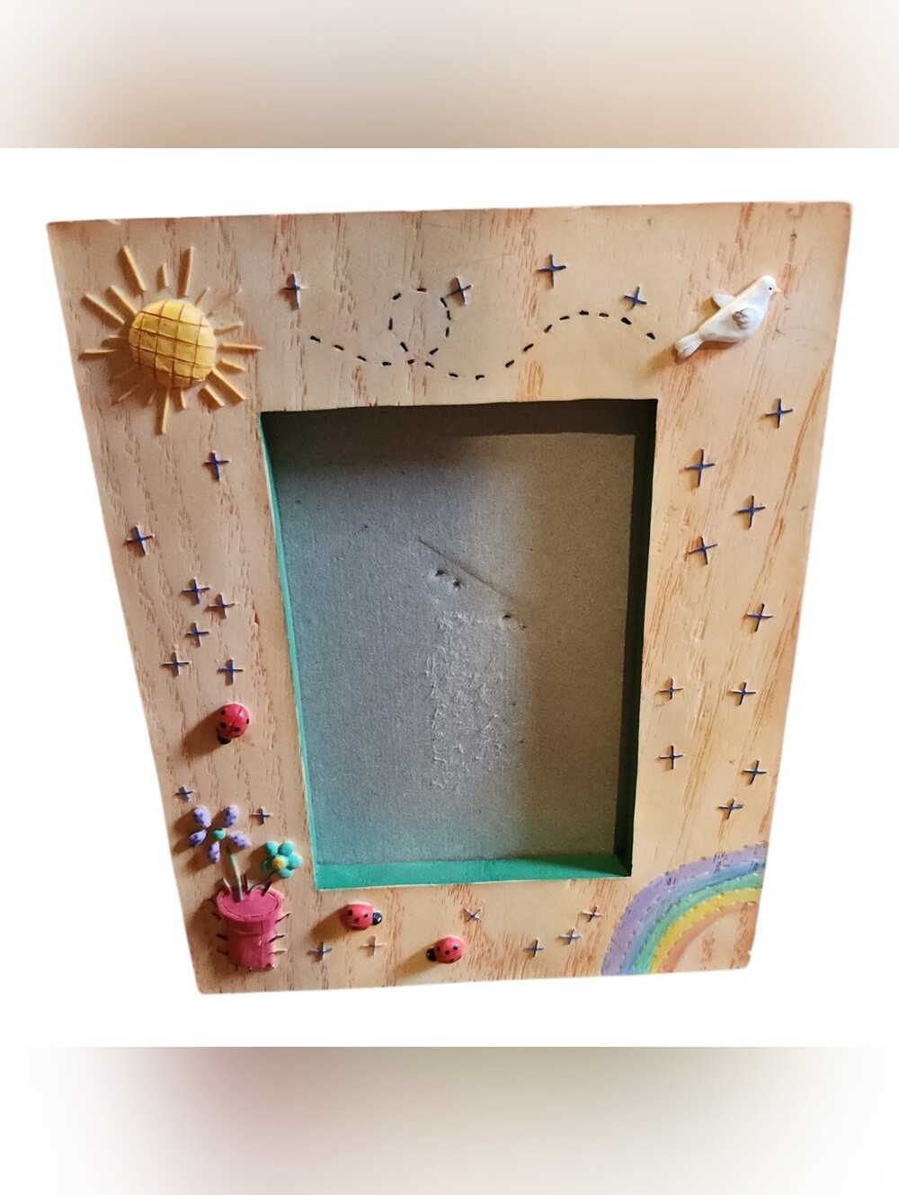 Vintage 90s Russ Picture  Frame Whimsical Rainbow Lady Bugs 2x3.5 Floral Sun